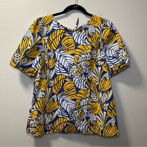 Talbots Women’s Yellow/Blue Colorblock Leaf Short Sleeve Tie Back Blouse Sz L